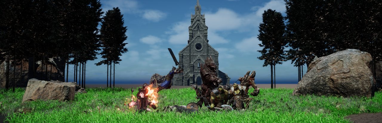 ORVASK key art rendered in the game engine: heroes battle monsters before a stone church at the edge of a pine forest.