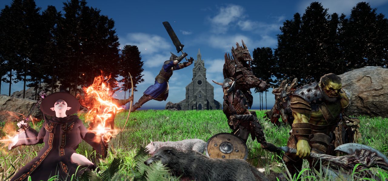 ORVASK key art rendered in the game engine: a mage casts fire beside a leaping warrior as orcs and a golem close in.