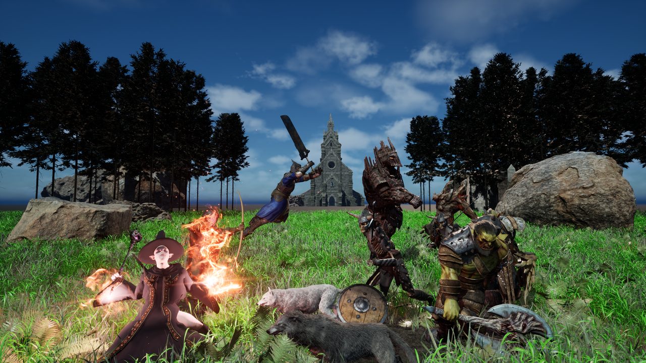 ORVASK key art rendered in the game engine: the whole battle before a stone church.