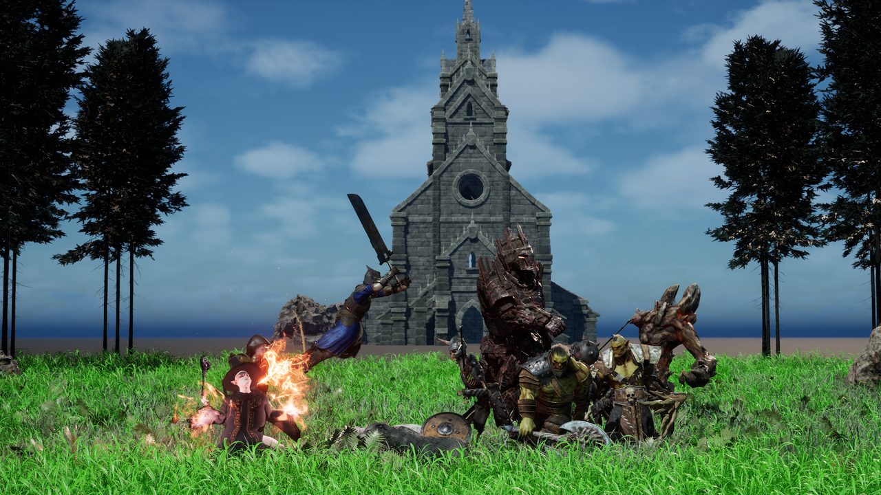 ORVASK key art rendered in the game engine: the battle field and the church at the forest's edge.