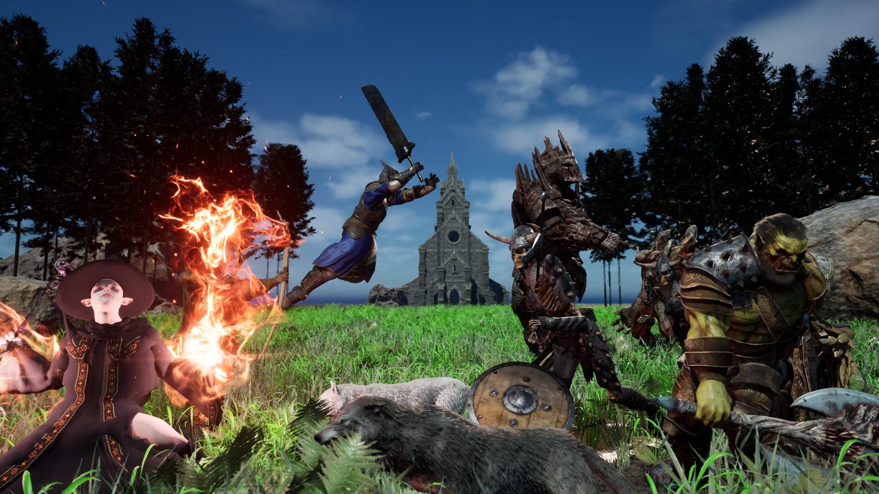 ORVASK key art rendered in the game engine: heroes against orcs and beasts in a meadow.