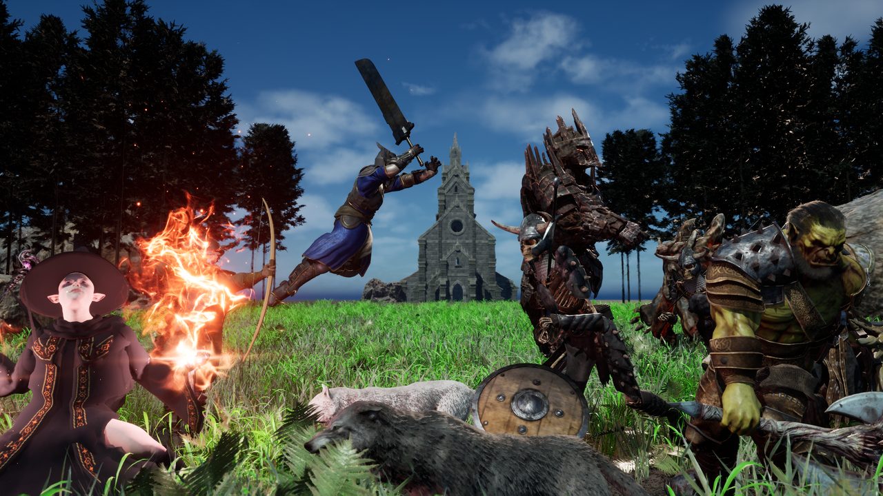 ORVASK key art rendered in the game engine: a mage's fire and a warrior's leap against a band of monsters.