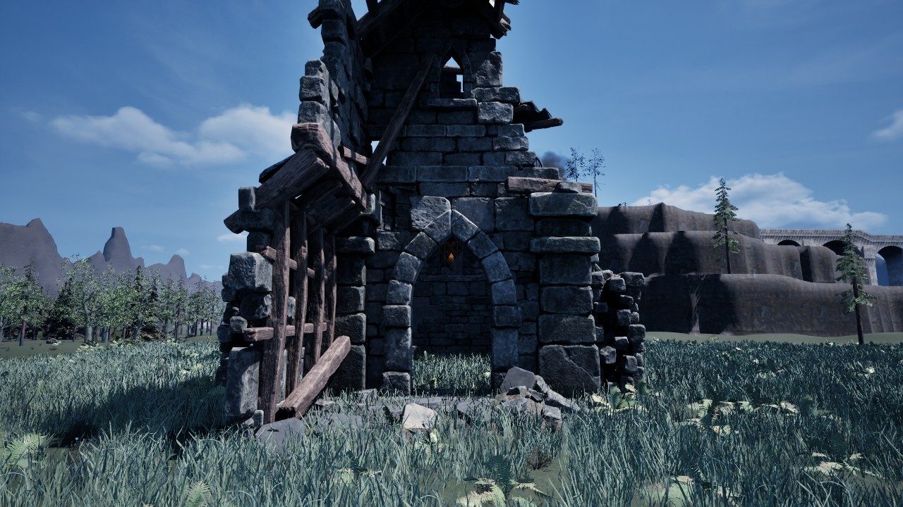 In-game: a ruined stone chapel with a boarded door under a clear noon sky.